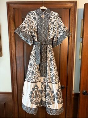 Sue Sartor Hamilton Blue White and Brown Floral Maxi Dress with Sash
